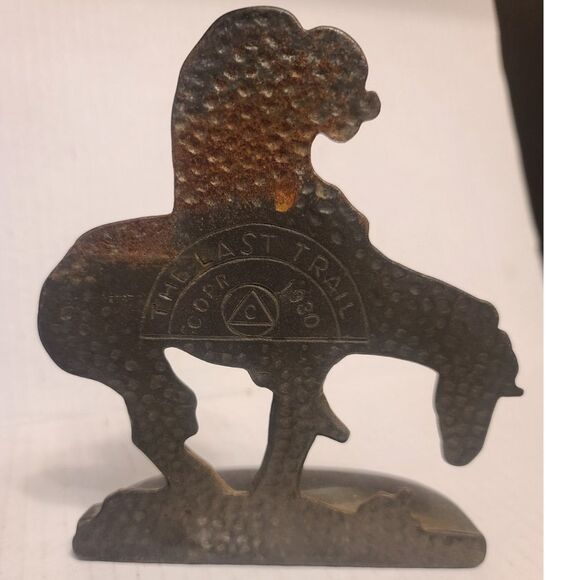 Vintage Cast Iron The Last Trail Bookends Marked 1930 Connecticut‎ Foundry  #902 - Picture 4 of 12